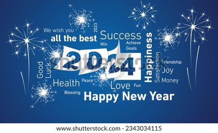 Happy New Year 2024 white word cloud text with 2024 calendar pages and light sparkle firework blue background vector