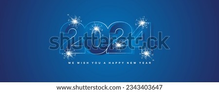 Happy New Year 2024 greeting card design template on blue background. New Year 2023 concept with neon light line sparkler firework on blue background