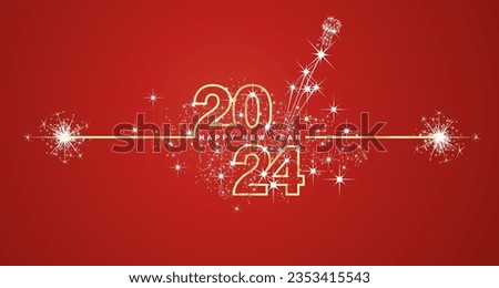 Happy New Year 2024 eve line design loading sparkle firework open champagne golden white red vector wallpaper greeting card