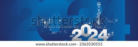 We wish you a Happy New Year 2024. Sparkler firework over 2024 numbers in background. Silver white blue greeting card