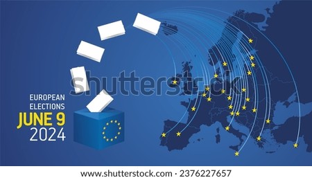 European elections June 9, 2024. EU political elections campaign banner with blue background. EU Elections 2024. EU stars with European flag, map, ballot box and ballots on blue background