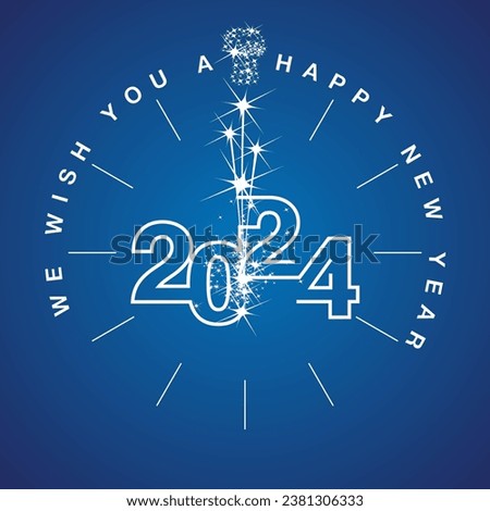 Happy New Year 2024 countdown. Clock or speedometer shape with sparkle firework white line design shining numbers on blue background. New Year 2024 greeting card