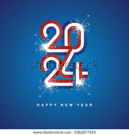 2024 New Year continuous French ribbon. Abstract blue white red flag of Frence in the shape of 2024 logo with sparkle firework. New Year concept template