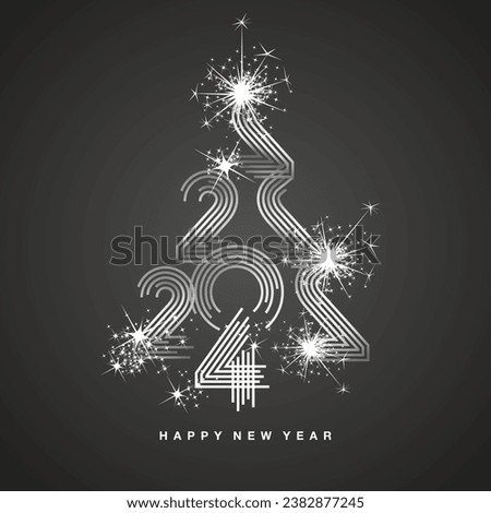 2024 New Year abstract silver Christmas tree made by multiply line design 2024 year numbers shining sparkle firework black background greeting card