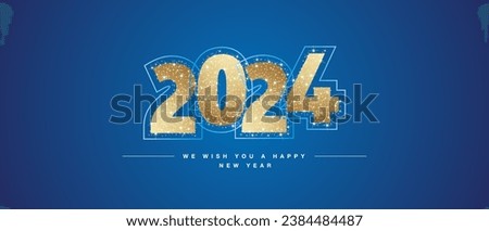 We wish you a Happy New Year 2024 light golden glitter typography with neon outline 2024. New Year 2024 on blue background