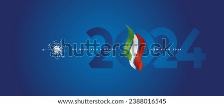 Happy new year 2024 event. Italy 3d flag ribbon flame over numbers of 2024 vector illustration on blue background