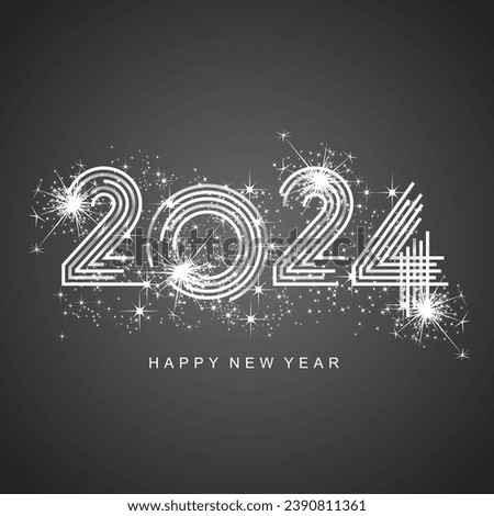 2024 New Year abstract silver multiply line design of 2024 year numbers shining glitter sparkle firework black background greeting card