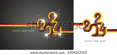 New Year 2024 continuous ribbon in the shape of 2024. Abstract black red yellow flag of Germany shape 2024 logo gift wrapping tape isolated on white and black background