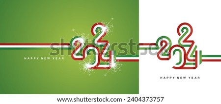 New Year 2024 continuous ribbon in the shape of 2024. Abstract red white green flag of Hungary shape 2024 logo gift wrapping tape isolated on white and green background