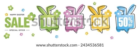 Spring Easter Sale special offer 10 20 30 50 percent off colorful flower and Easter bunny negative space discount numbers stickers white background