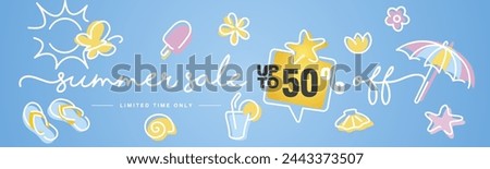Summer Sale up to 50% percent off speech bubble handwritten typography lettering line design colorful ice cream parasol shells starfish thongs cocktail flowers butterflies and sun blue greeting card