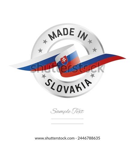 Made in Slovakia. Slovakia flag ribbon with circle silver ring seal stamp icon. Slovakiaa sign label vector isolated on white background