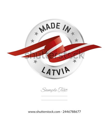 Made in Latvia. Latvia flag ribbon with circle silver ring seal stamp icon. Latvia sign label vector isolated on white background