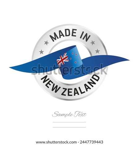 Made in New Zealand. New Zealand flag ribbon with circle silver ring seal stamp icon. New Zealand sign label vector isolated on white background