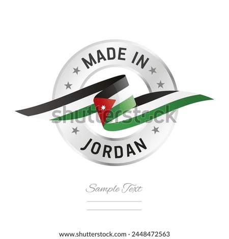 Made in Jordan. Jordan flag ribbon with circle silver ring seal stamp icon. Jordan sign label vector isolated on white background