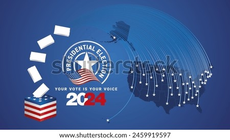 USA Presidential Election, 2024. USA political election campaign banner with blue background. USA Voting Day 2024. USA stars with flag, map, ballot box and ballots on blue background