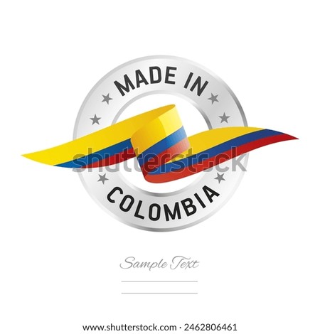 Made in Colombia. Colombia flag ribbon with circle silver ring seal stamp icon. Colombia sign label vector isolated on white background