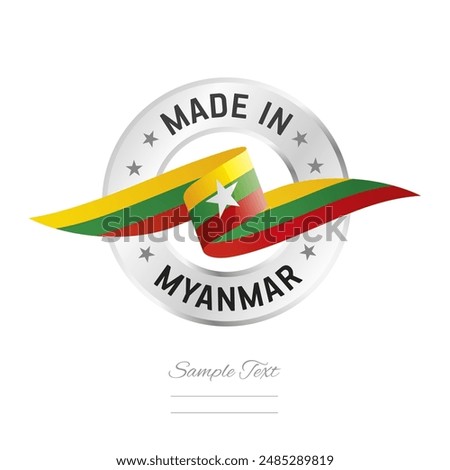 Made in Myanmar. Myanmar flag ribbon with circle silver ring seal stamp icon. Myanmar sign label vector isolated on white background
