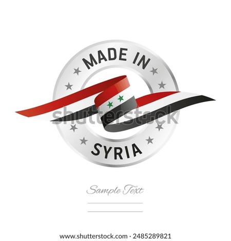 Made in Syria. Syria flag ribbon with circle silver ring seal stamp icon. Syria sign label vector isolated on white background