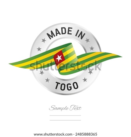 Made in Togo. Togo flag ribbon with circle silver ring seal stamp icon. Togo sign label vector isolated on white background