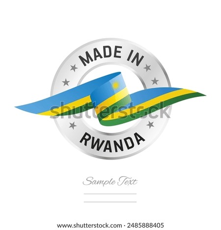 Made in Rwanda. Rwanda flag ribbon with circle silver ring seal stamp icon. Rwanda sign label vector isolated on white background