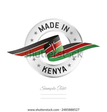 Made in Kenya. Kenya flag ribbon with circle silver ring seal stamp icon. Kenya sign label vector isolated on white background