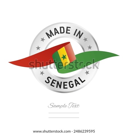 Made in Senegal. Senegal flag ribbon with circle silver ring seal stamp icon. Senegal sign label vector isolated on white background