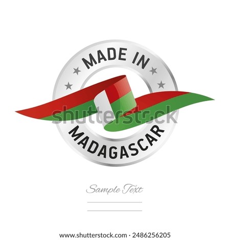 Made in Madagascar. Madagascar flag ribbon with circle silver ring seal stamp icon. Madagascar sign label vector isolated on white background