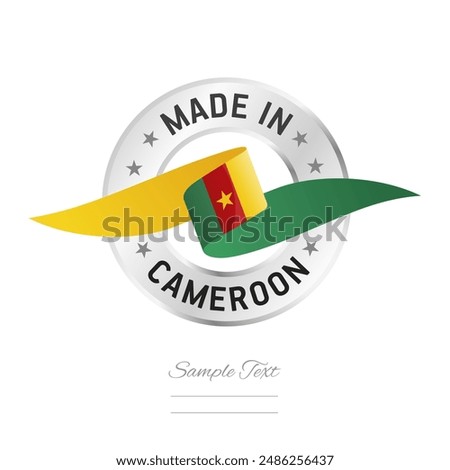 Made in Cameroon. Cameroon flag ribbon with circle silver ring seal stamp icon. Cameroon sign label vector isolated on white background
