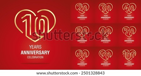 Set of Anniversary decades vector creative design. Golden line art heart shape emblems with numbers on red background for celebration event, invitation, greeting, template, leaflet