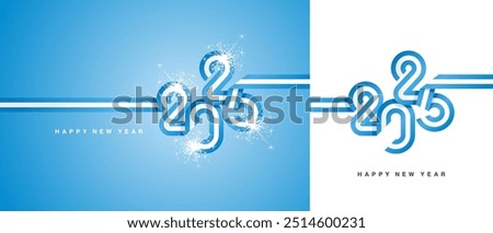 New Year 2025 flag ribbon in the shape of 2025. Abstract light blue white flag of Honduras shape 2025 logo with sparkle firework isolated on white and sky blue background