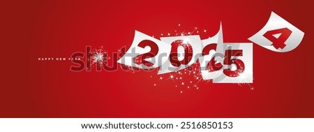 Happy new year 2025 and the end of 2024. Winter holiday greeting card design template on red background. New year 2025 and the end of 2024 on white calendar sheets and sparkle firework.