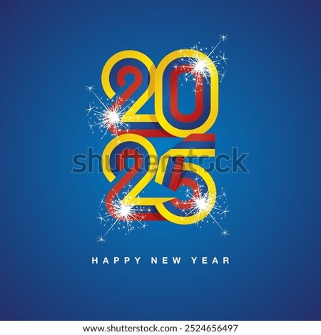 2025 New Year continuous Colombia ribbon. Abstract yellow blue red flag of Colombia in the shape of 2025 logo with sparkle firework. New Year concept greeting card