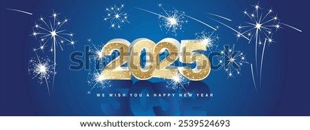 We wish you Happy New Year 2025. New modern 3d concept design. Golden luminous glittering gold white silver 3D 2025 with 2025 in shadows and stars sparkling fireworks on blue background