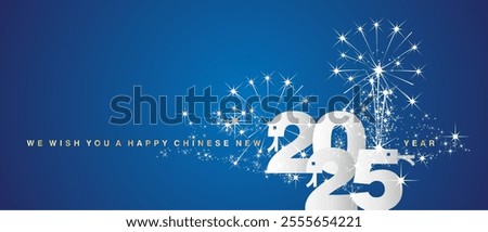 We wish you a Happy Chinese New Year 2025 event new elegant style white silver numbers in shape of snakes on blue background. 2025 Chinese year of the snake greeting card