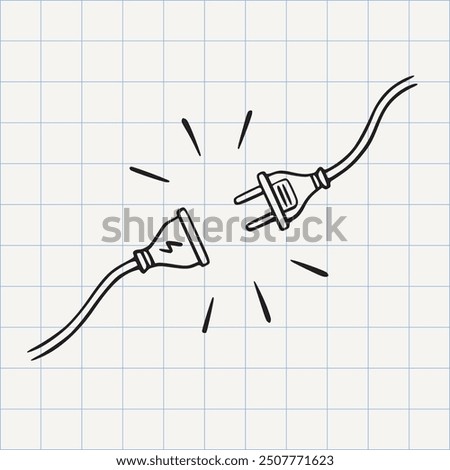 Electric Plug and Socket unplug doodle icon. Power line cable connect outline illustration. Black and white hand drawn sketch in vector.