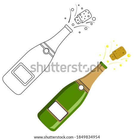 Vector illustration of an isolated open bottle of champagne on a white background. Simple flat style.