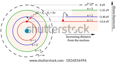 Electron jump from lower energy to higher energy in hydrogen and energy is absorbed Bohr atomic model atom structure theory nucleus absorption shell orbit principal quantum numbers