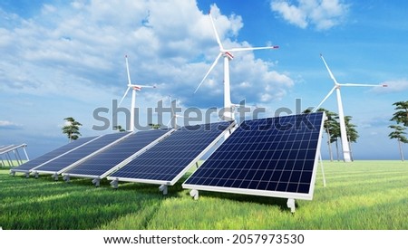  Panoramic view of wind farm or wind park, with high wind turbines for generation electricity with copy space. green energy concept. 3d rendering.
