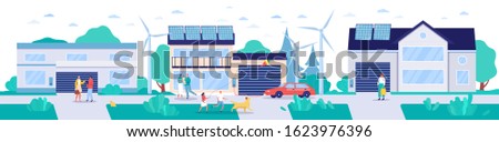 Modern town with renewable energy technologies, vector illustration. Environment friendly lifestyle concept, houses with solar panels, wind turbines and electric cars. Sustainable energy environment Сток-фото © 