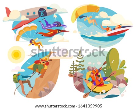 Extreme sport, active people skydiving and rafting, vector illustration. Outdoor activity for summer vacation, extreme adventures, parachute jump and mountain climbing. Active lifestyle, outdoor sport