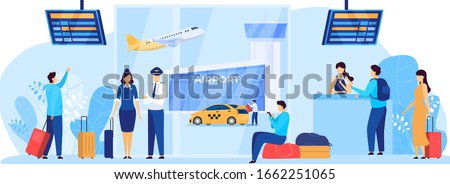 Airport services, flight crew and passengers, vector illustration. People waiting for airplane departure, flight attendant cartoon character. Men and women airline passengers with baggage at terminal