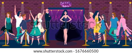 Night club entrance, beautiful woman in dress, people stand in line, vector illustration. Celebrity goes to party in nightclub, famous model cartoon character. Nightlife party, music concert in club