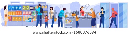 People in grocery store, line at cash desk, supermarket customers, vector illustration. Men and women buying groceries in shop. Customers cartoon characters, scene from grocery store or supermarket