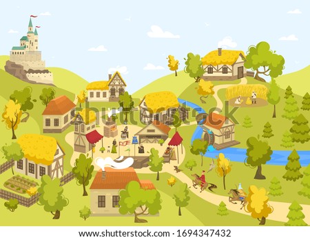 Medieval village with castle, half timbered houses and people on market square, vector illustration. Blacksmith artisan, Medieval peasant and horseman cartoon character in Middle Ages town countryside