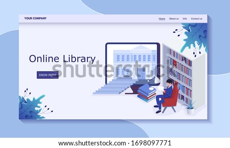 Online library concept, man in book depository, reading book, vector illustration. Contact us, info, about us, home, more button. Technological gadget for read. Design web banner, landing for website.