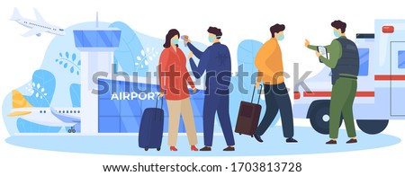 Checking passengers at border, covid-19 vector illustration. Service workers check arrivals for fever near airport. Man and woman with suitcases arrive from abroad, quarantine and isolation.