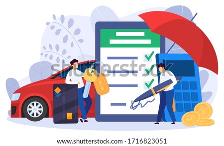 Car leasing and purchase concept, man signing deal, vector illustration. People buying car, cartoon characters. Bank loan agreement, property insurance, agent selling vehicle to customer