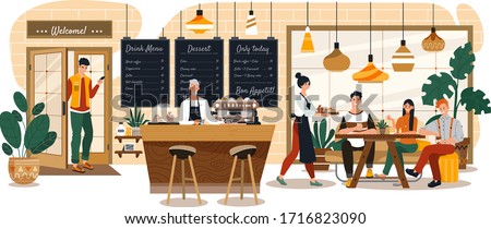 People in cozy cafe, coffee shop interior, customers and waitress, vector illustration. Stylish restaurant, comfortable bakehouse, dessert menu. Smiling friends meeting and talking over a cup of tea