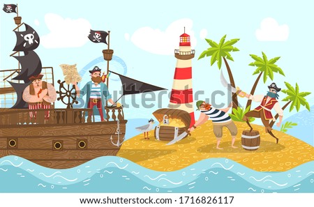 Sea pirates on piratical ship, buccaneers cartoon characters flat vector illustration with treasure island adventure. Sail boat in sea, pirates sailors, captain, boatswain and skipper fight. Black